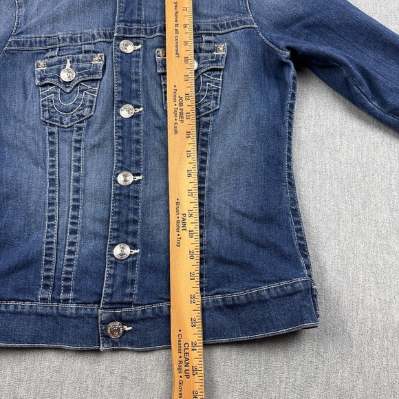 True Religion Trucker Jacket Womens Medium Blue Denim Jeans Super T Dark Wash - Picture 5 of 10